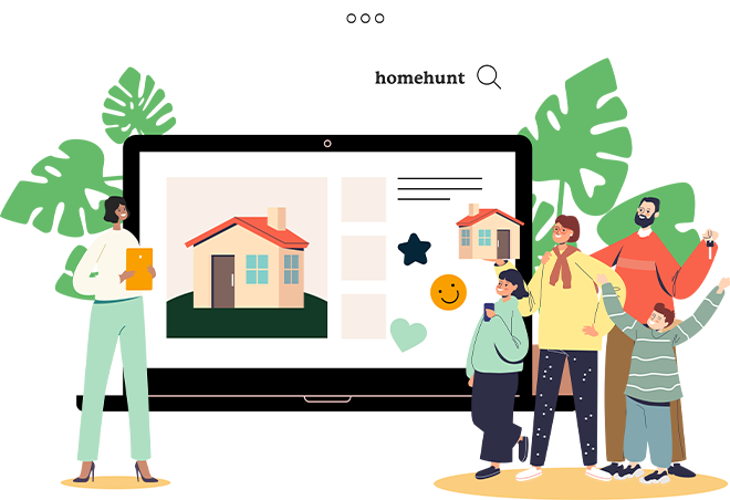 Modern artwork of an agent and family working together to find a home. Modern artwork of an agent and family working together to find a home.